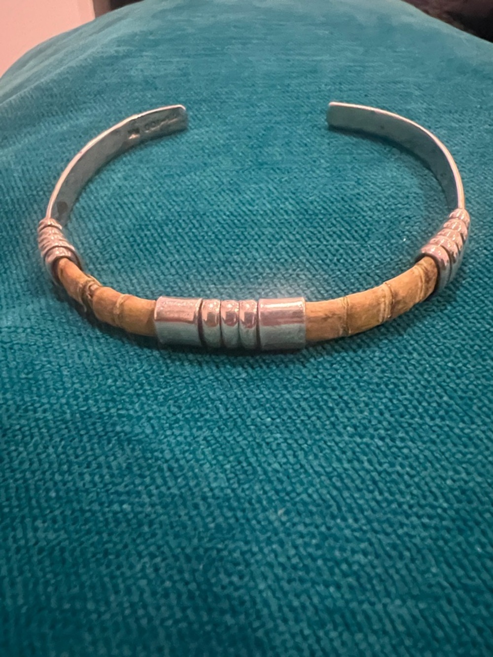 Taxco Silver Cuff Bracelet with Tan Leather Detail